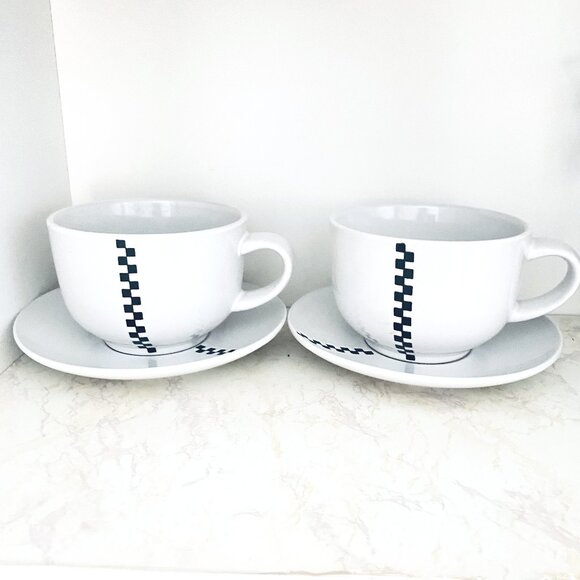 Zigzag Black and White Cappuccino Cup and Saucer Set of 2 - Picture 1 of 3